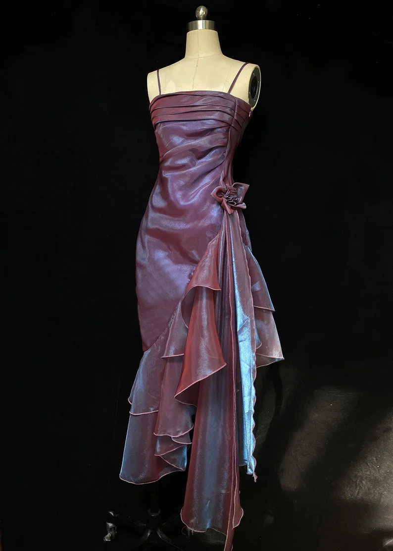 Vintage High Low Straps Grape Ruffles Prom Dresses