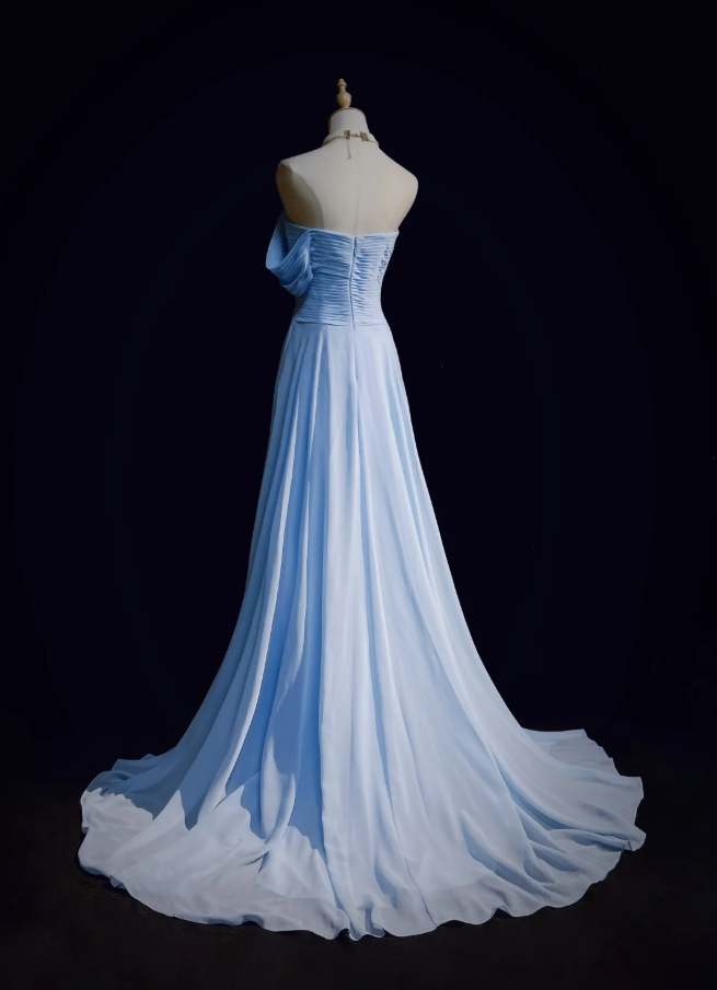 Classy Sky Blue One Shoulder Chiffon Pleated Mermaid Party Dress Long Wedding Guest Dress Evening Gown - View 4 | VelvetHem