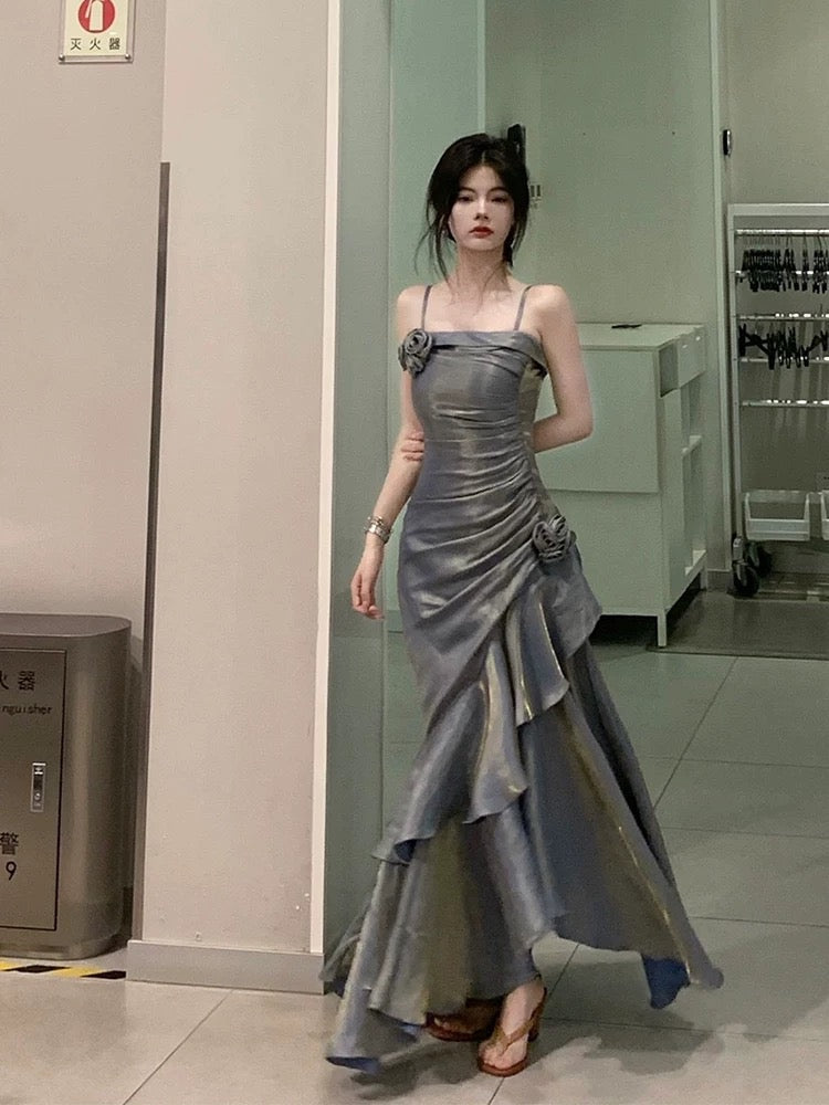 Retro Mermaid Spaghetti Straps Prom Dresses Gray Long Party Dress