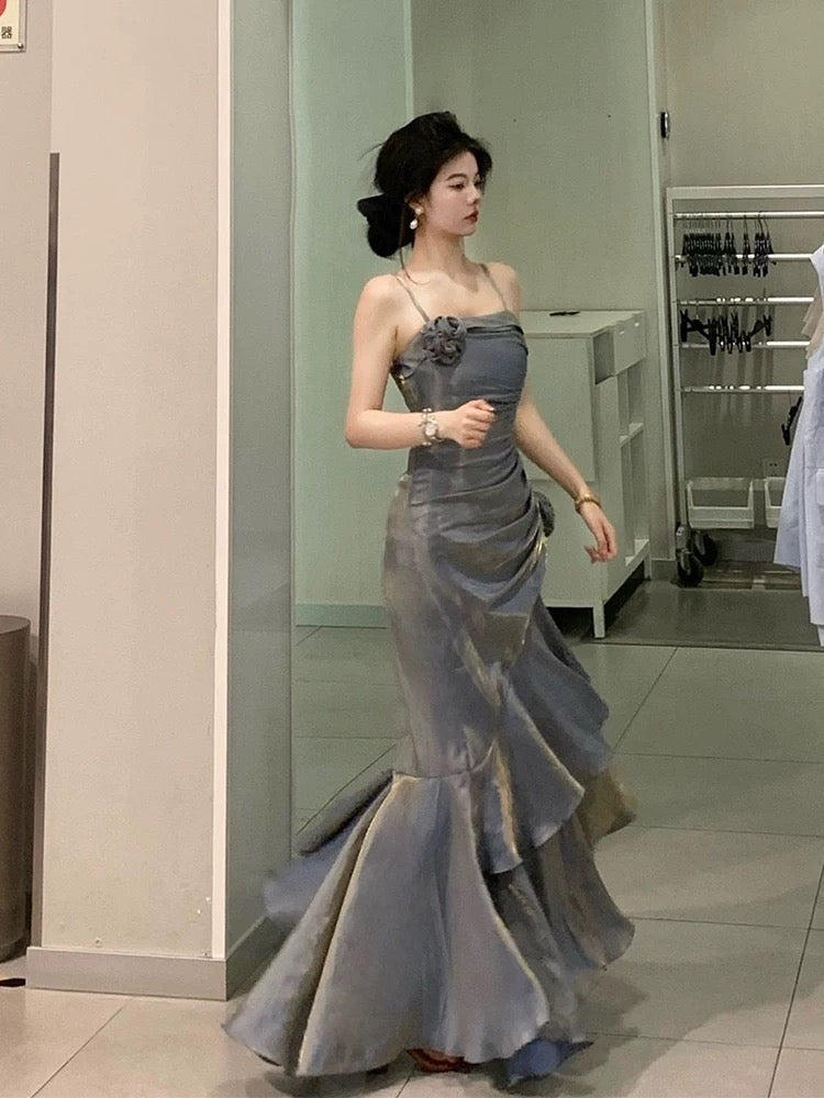 Retro Mermaid Spaghetti Straps Prom Dresses Gray Long Party Dress