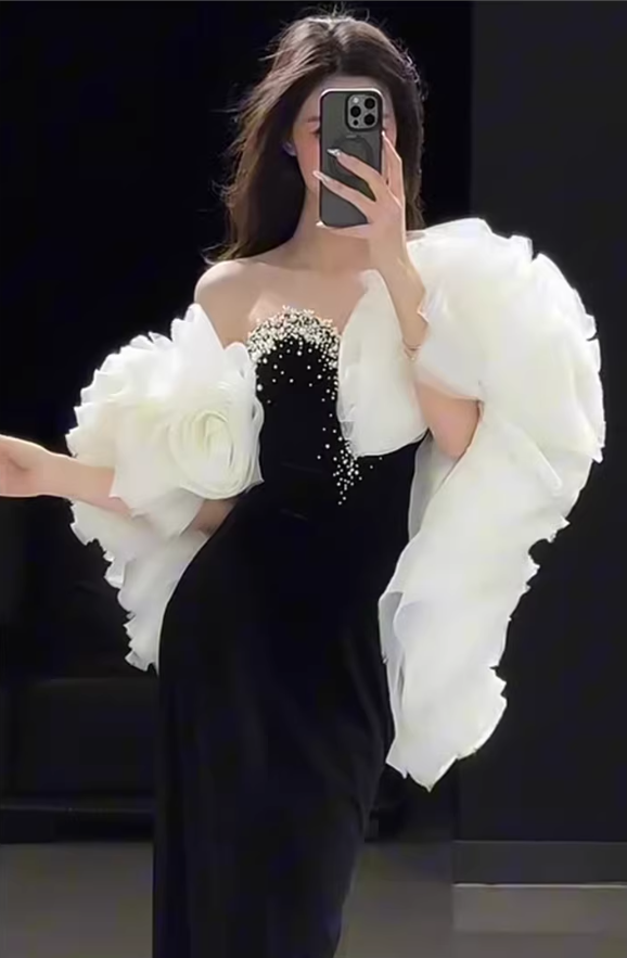 Gorgeous Strapless Black Velvet Beaded Mermaid Long Prom Dress Birthday Party Dress - View 3 | VelvetHem