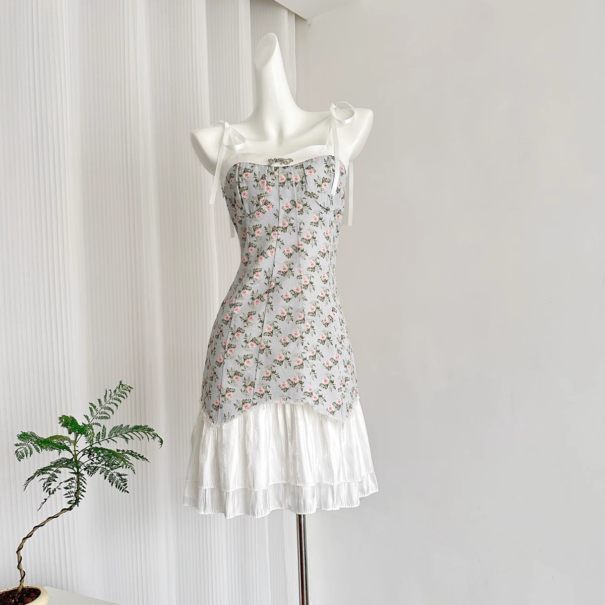 Cute A line Spaghetti Straps Blue Sleeveless Floral Dress Short Holiday Dresses - View 2 | VelvetHem