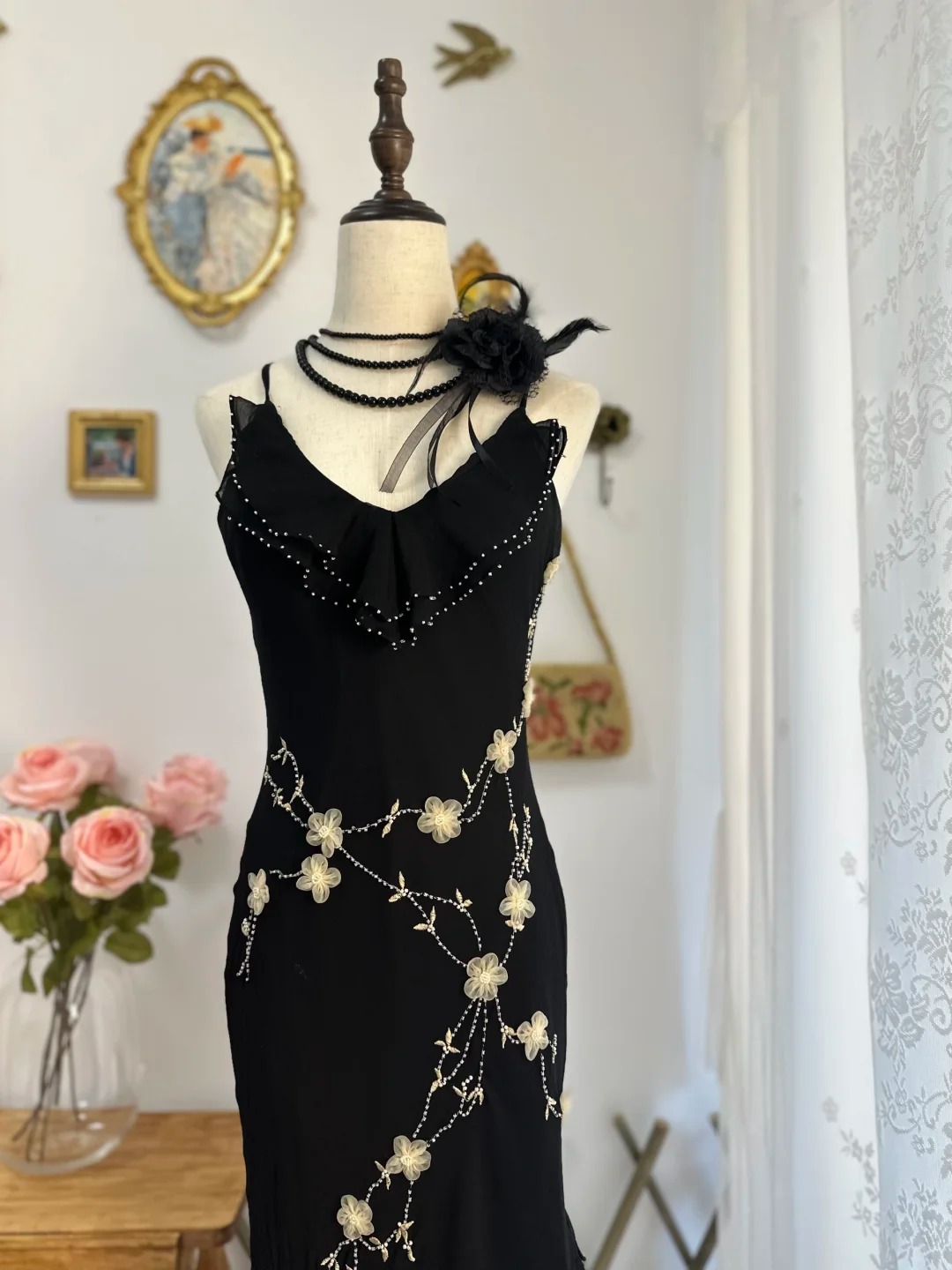 Classy Black Chiffon Beaded Appliques Long Party Gown Formal Evening Dress