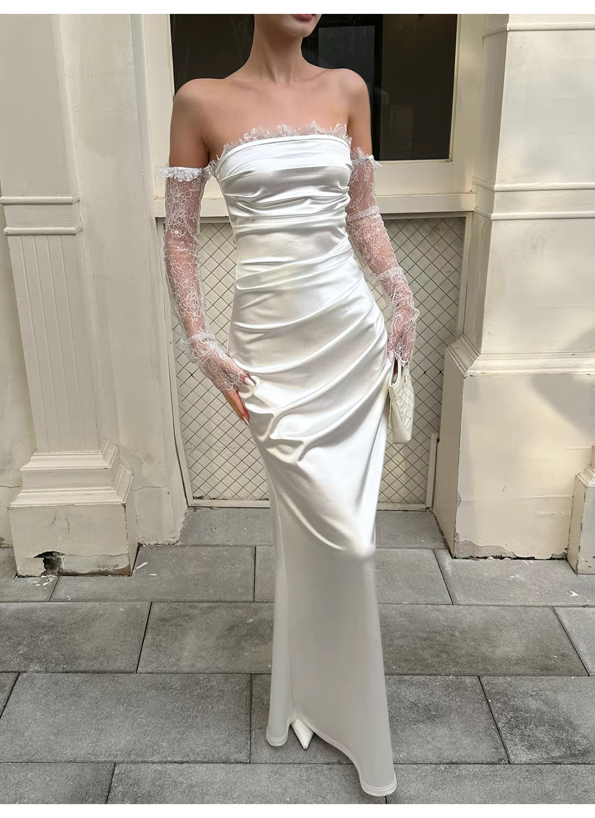 Classy White Off The Shoulder Satin Lace Mermaid Long Wedding Guest Dress Formal Evening Dress Prom Gown - View 2 | VelvetHem