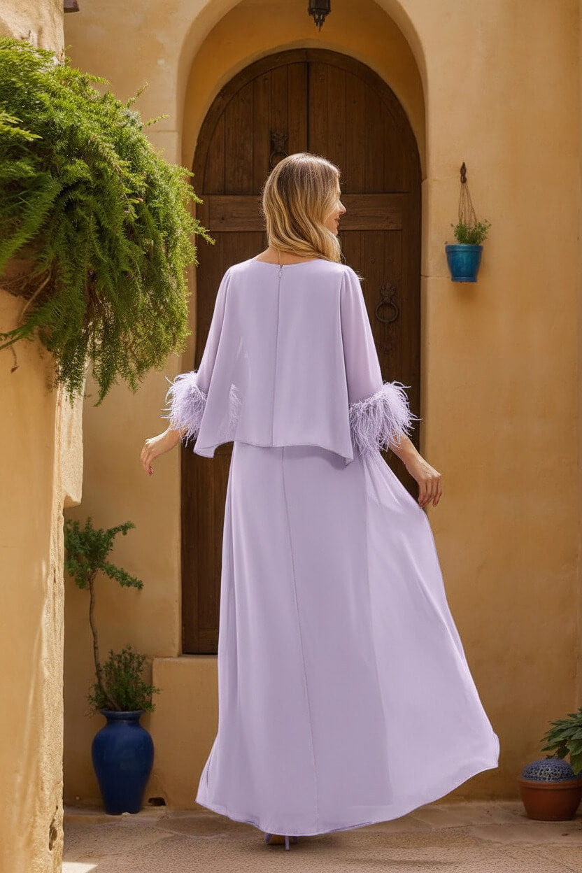 Long Mother of the Bride Dress with Cape Feathers and Jewel Neckline