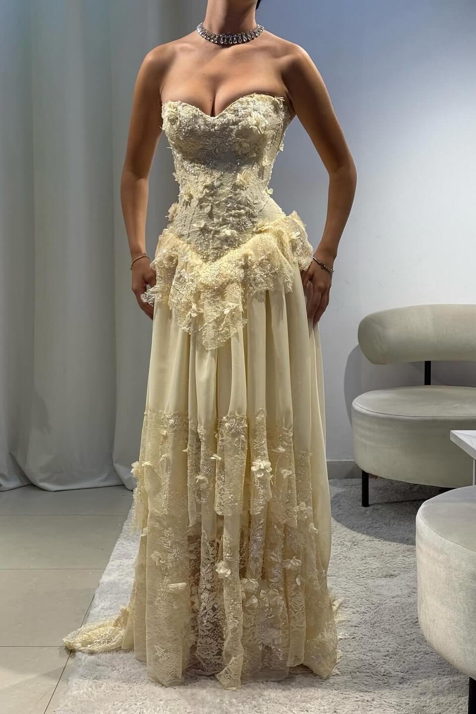 Vintage Yellow A-line Lace Train Prom Dress Evening Dress - View 6 | VelvetHem