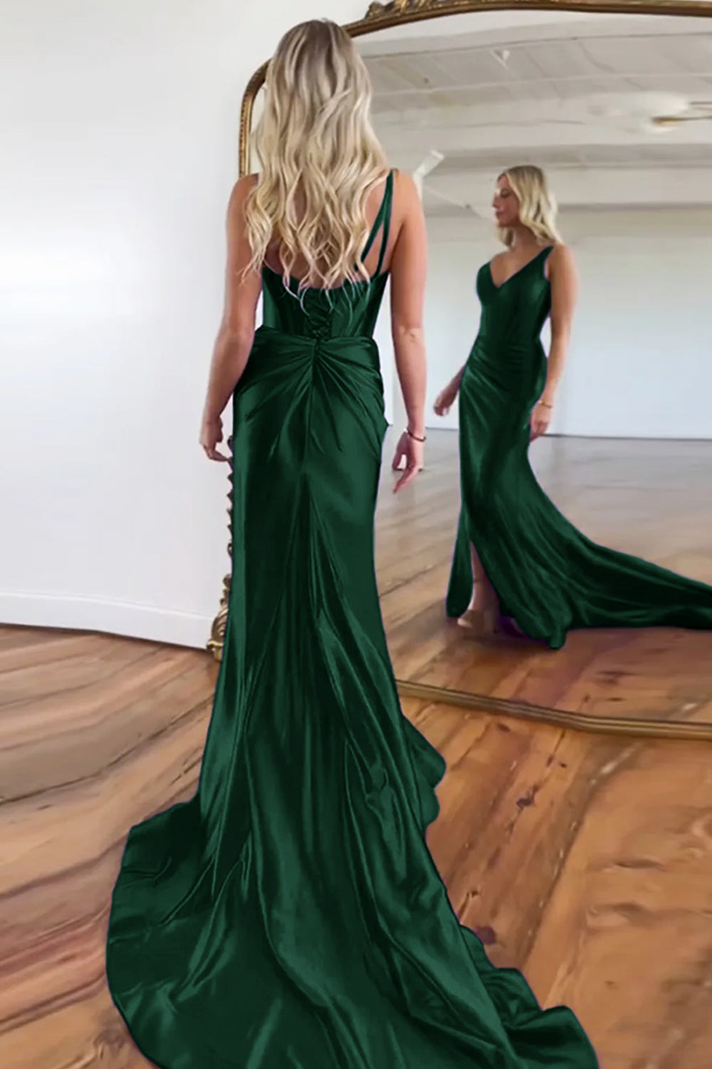 Purple Mermaid V-Neck Zipper Back Satin Long Prom Dress With Split - View 15 | VelvetHem