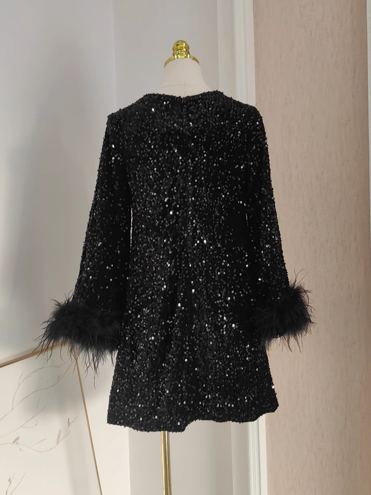 Cute A line Scoop Black Travel Vacation Dresses Short Sequin Birthday Dress - View 2 | VelvetHem