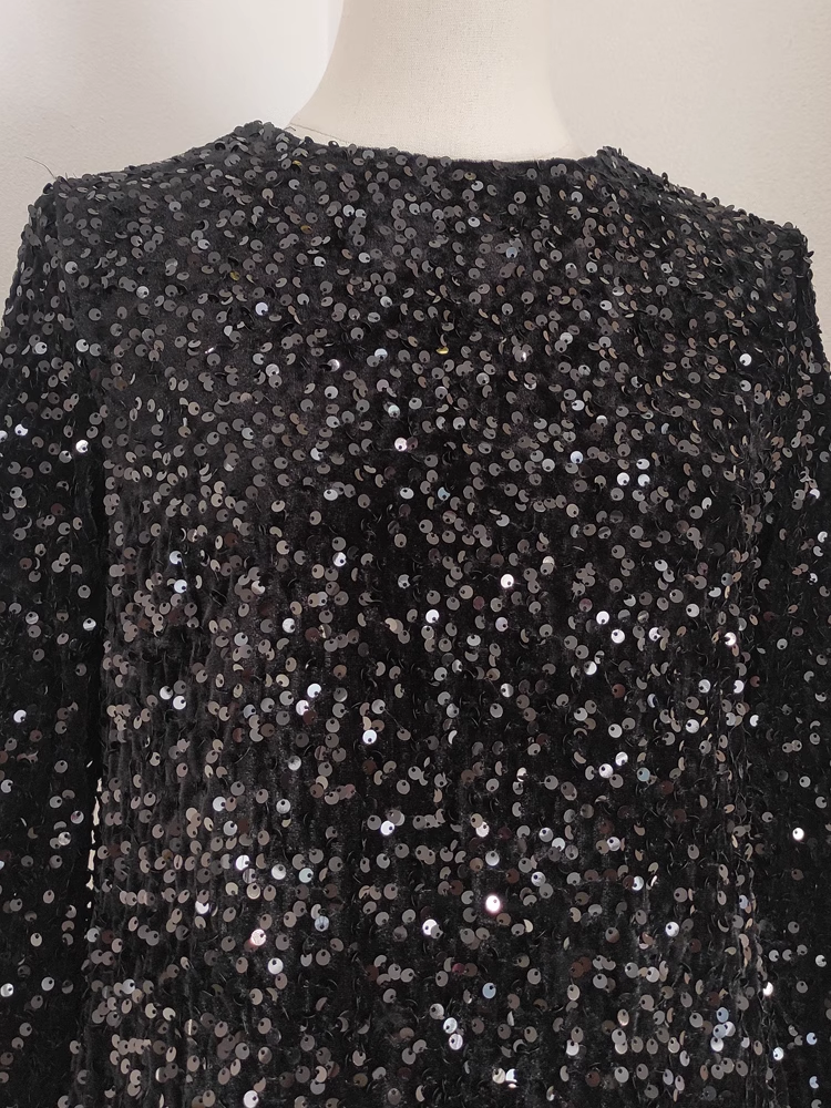 Cute A line Scoop Black Travel Vacation Dresses Short Sequin Birthday Dress - View 5 | VelvetHem