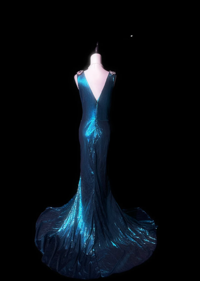 Charming V Neck Blue Satin Beaded Mermaid Evening Dress Long Party Dress - View 3 | VelvetHem