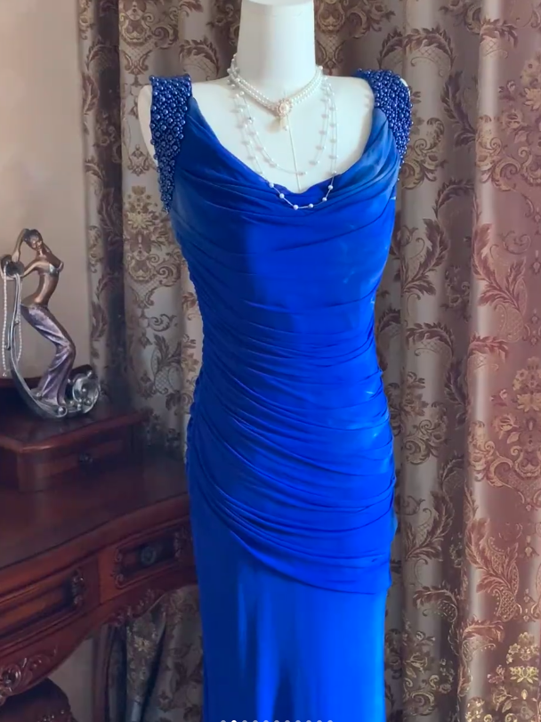 Sexy Royal Blue Tulle Pleated Beaded Mermaid Long Wedding Guest Dress Evening Dress - View 4 | VelvetHem