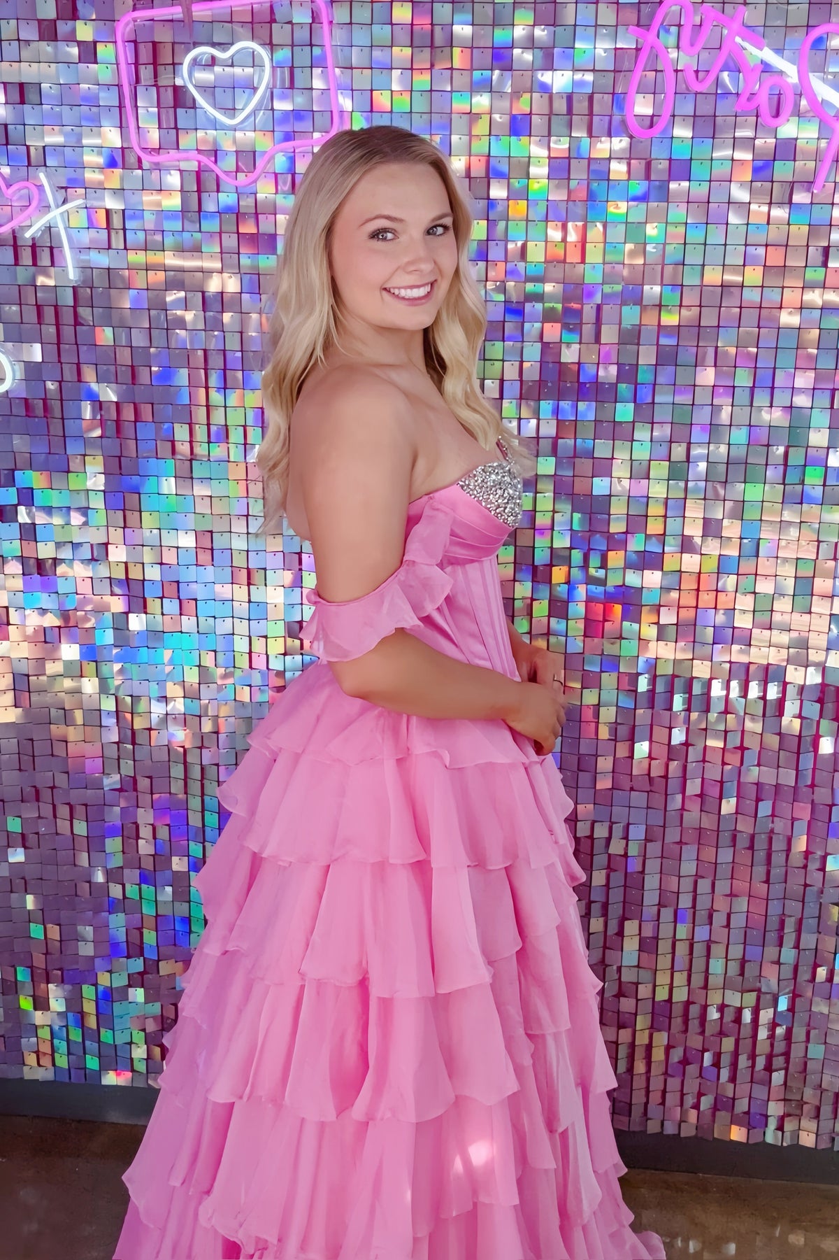 Light Pink Off-shoulder Beaded Sweetheart Gown