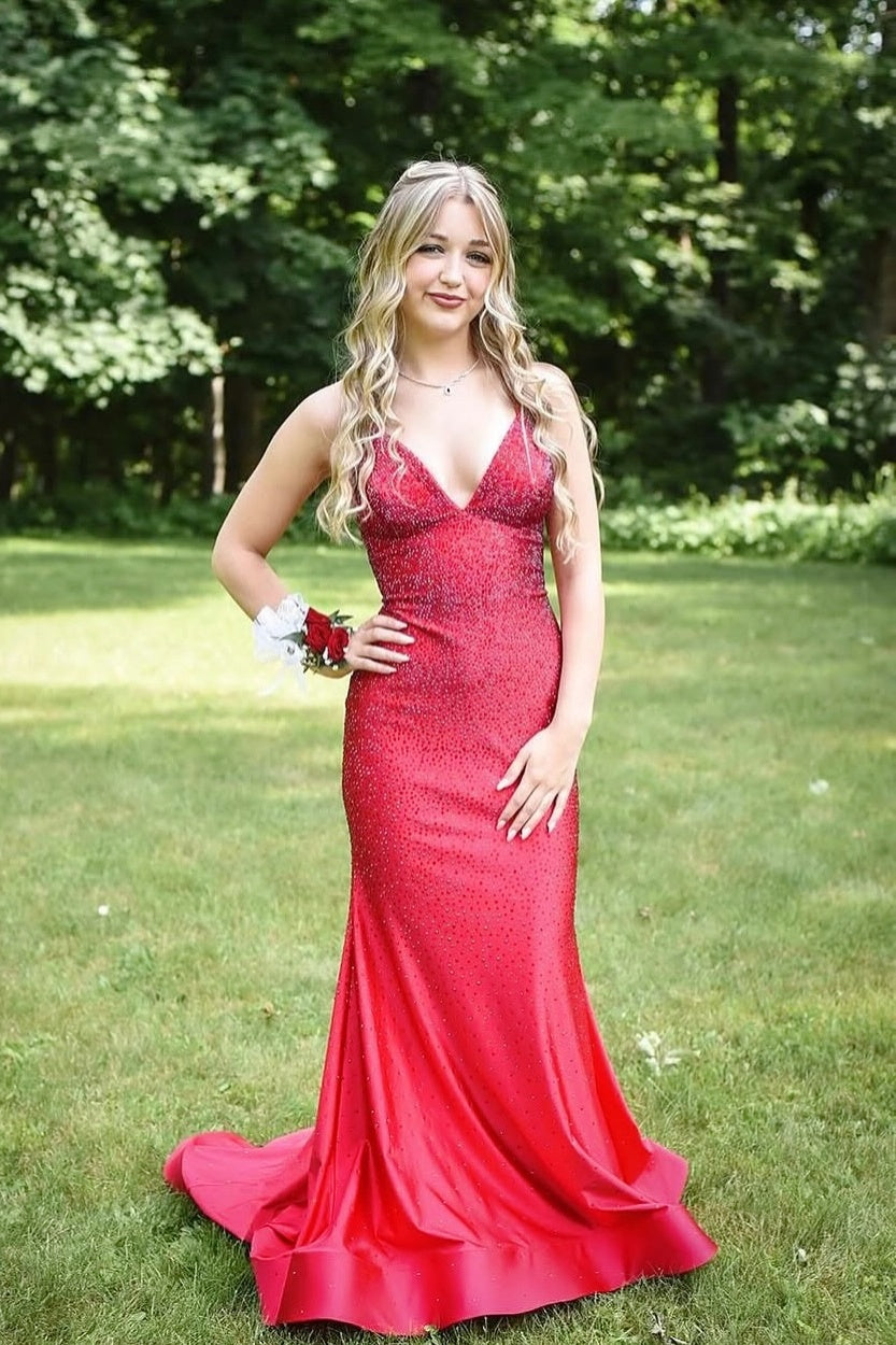 Red Spaghetti Straps V-neck Mermaid Prom Dress