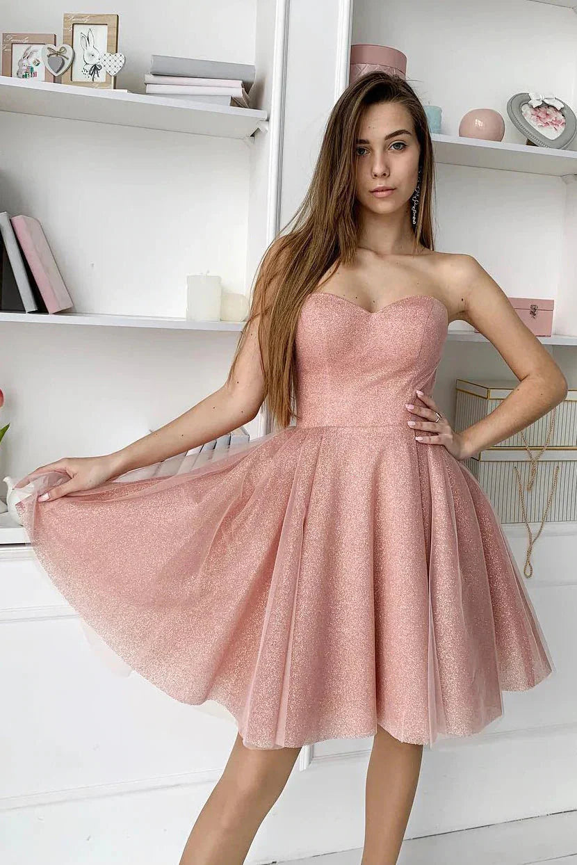 A-Line Dusty Pink Sweetheart Strapless Homecoming Dresses (ZD11588) - VelvetHem
