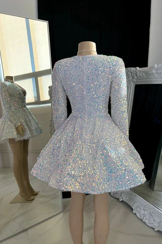 Sparkling V-neck A-line Graduation Dress With Sequins White Short Homecoming Dress (ZD12291)