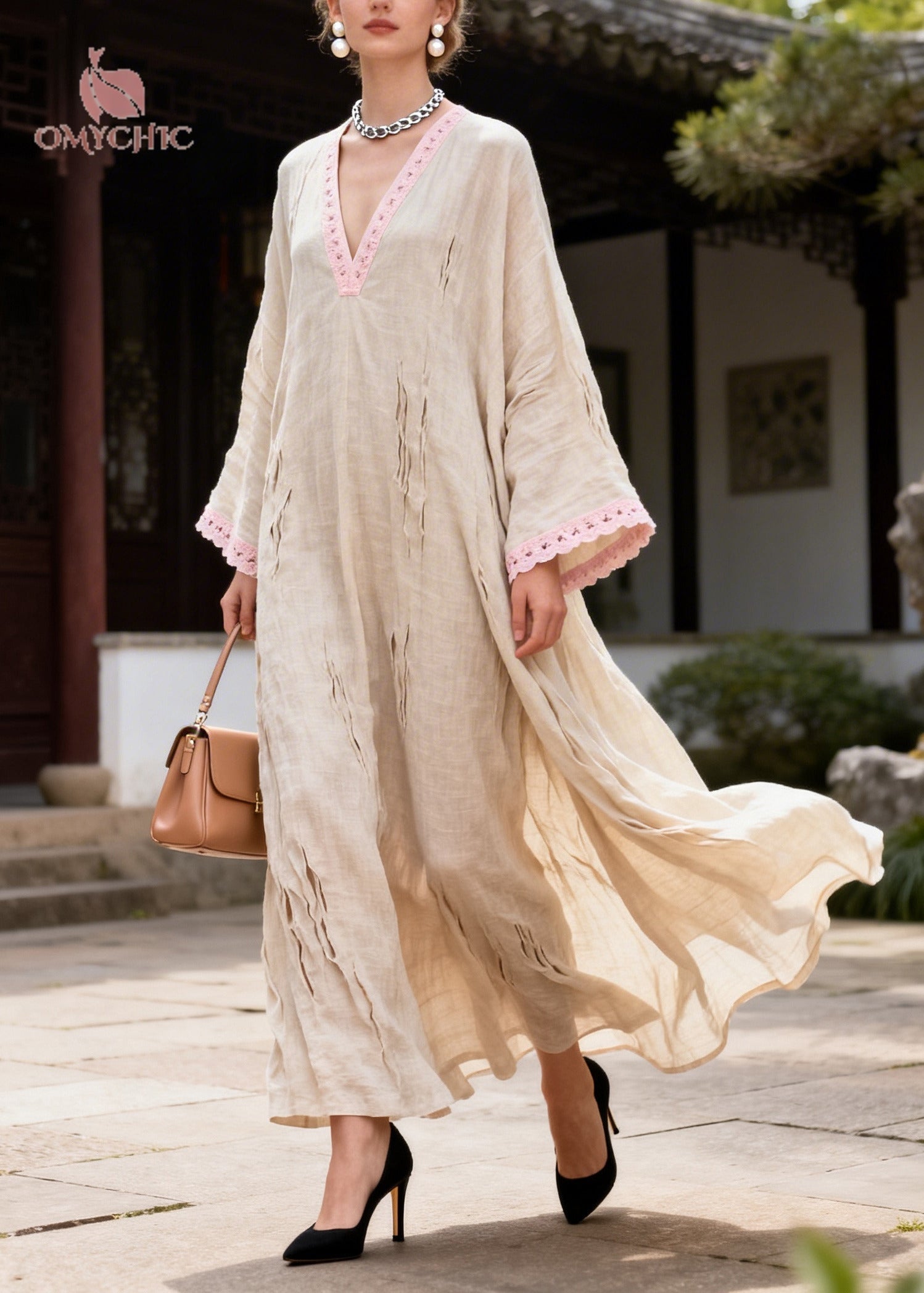 DIY Beige Oversized Patchwork Lace Ripped Maxi Dress