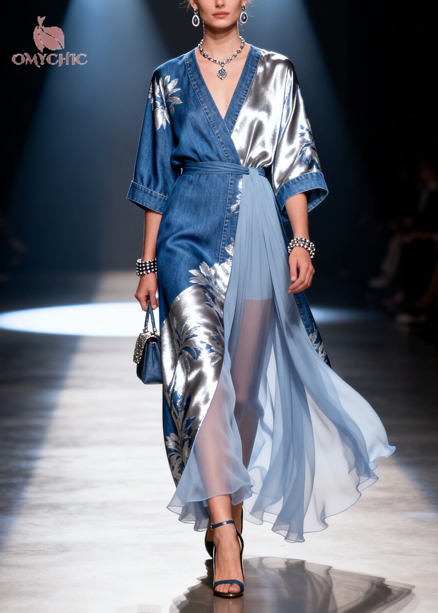 DIY Denim Blue Print Asymmetrical Patchwork Tulle Dress Summer