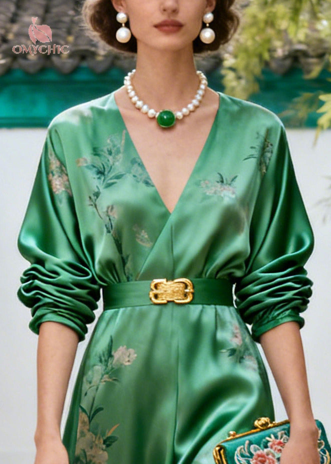 DIY Green Tunic Print Silk Long Dress Long Sleeve