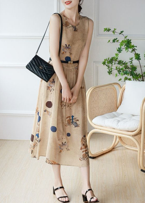 DIY Khaki O-Neck Print Chiffon Holiday Dress Sleeveless