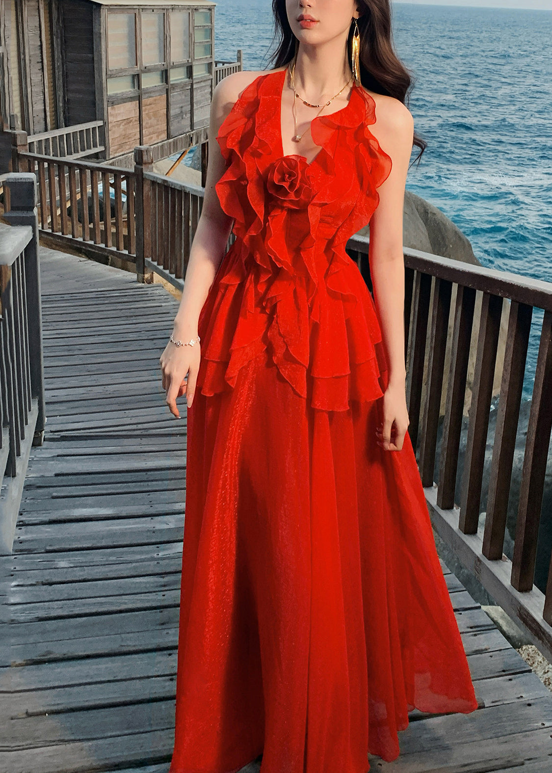 DIY Red Halter Ruffled Patchwork Tulle Holiday Maxi Dress Summer