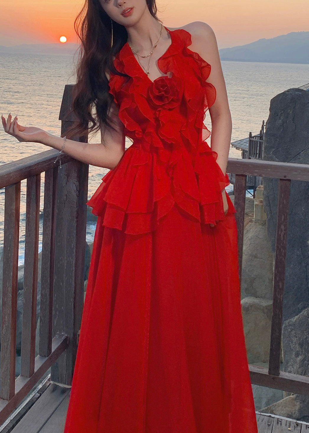 DIY Red Halter Ruffled Patchwork Tulle Holiday Maxi Dress Summer