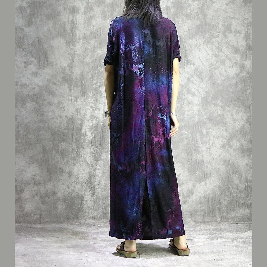 DIY o neck blended outfit Casual Shape purple prints long Dress summer
