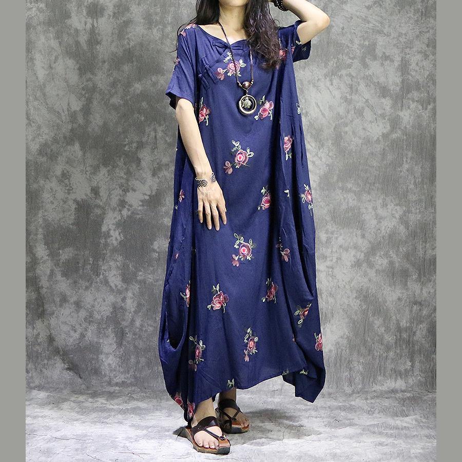 DIY short sleeve cotton linen Wardrobes stylish Sleeve blue prints Plus Size Clothing Dress summer