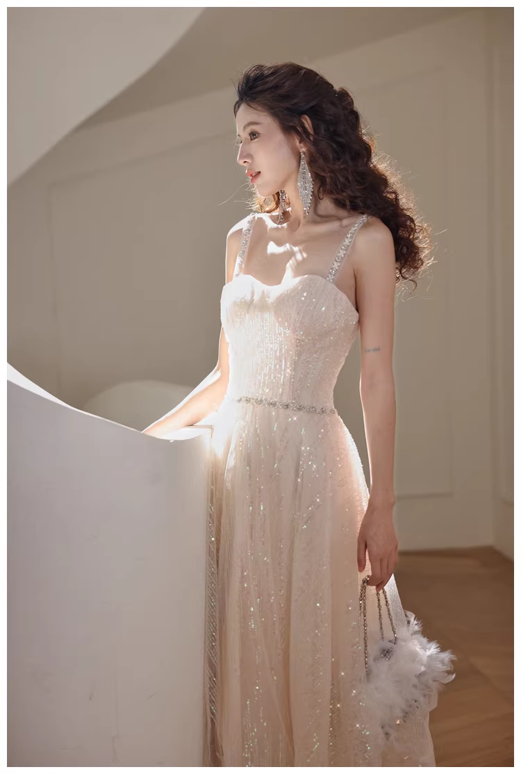 Elegant Light Champagne Tulle Sequin Beaded A Line Mid Length Birthday Prom Dress Evening Gown - View 6 | VelvetHem