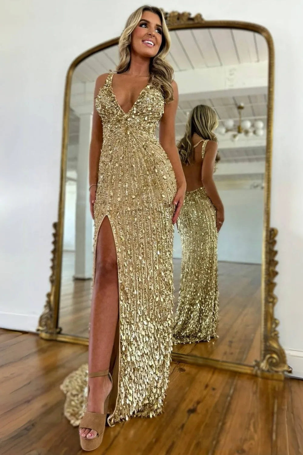 Sparkly Gold Mermaid Sequins Sweetheart Long Corset Prom Dress with Slit (ZD17394)