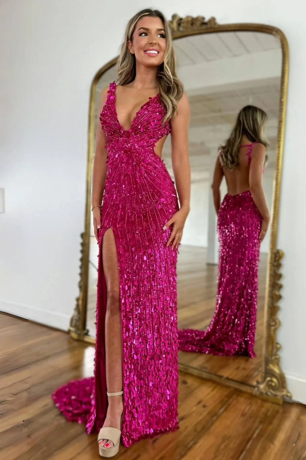 Sparkly Gold Mermaid Sequins Sweetheart Long Corset Prom Dress with Slit (ZD17394)
