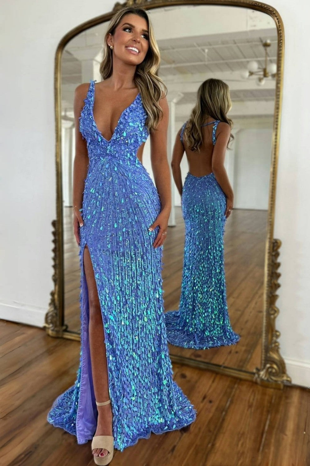 Sparkly Gold Fully Beaded Prom Dress with Deep V Neck Slit and Open Back (ZD17393)