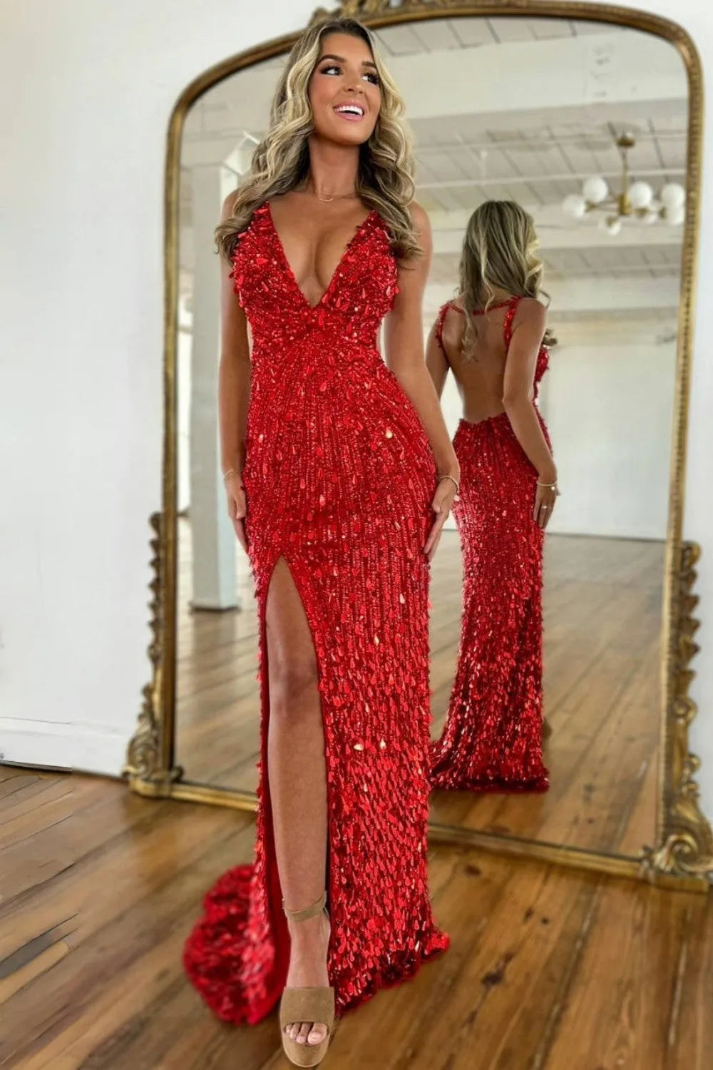 Sparkly Gold Mermaid Sequins Sweetheart Long Corset Prom Dress with Slit (ZD17394)