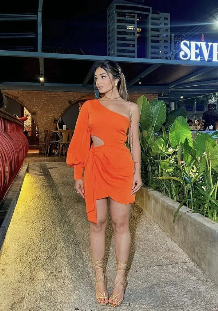 One Shoulder Cut Out Knot Side Dress Orange Homecoming Dress (ZD12801)