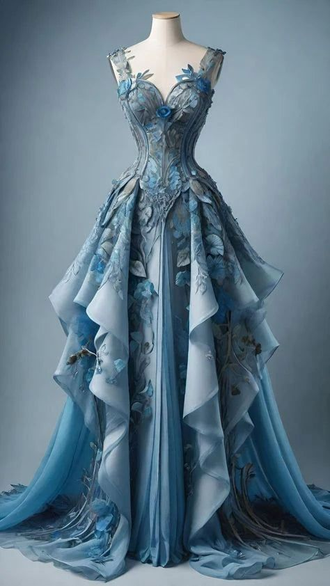 Classy Blue Chiffon Appliques Ruffles Long Prom Dress Evening Dress Y8385 - VelvetHem