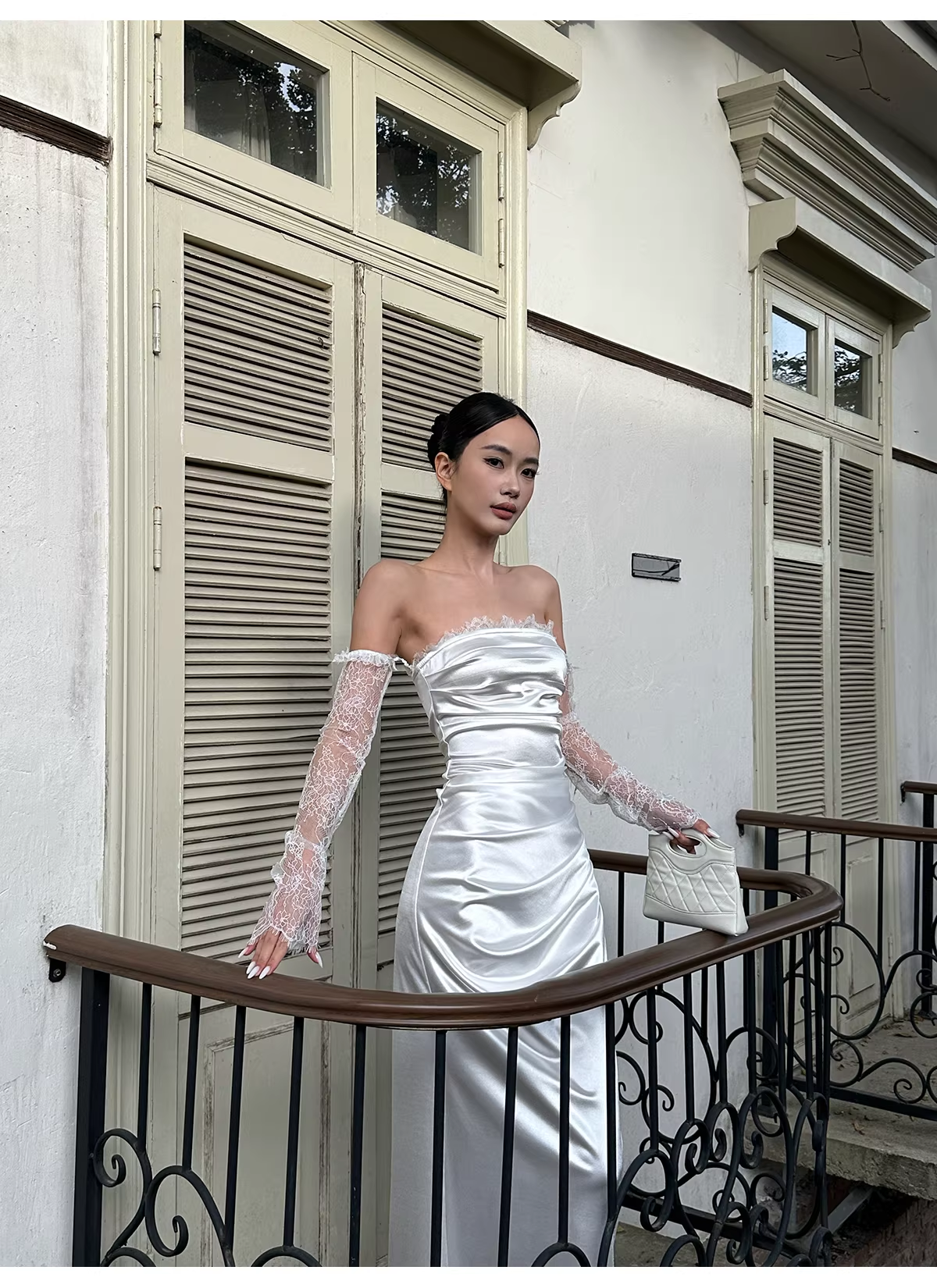 Classy White Off The Shoulder Satin Lace Mermaid Long Wedding Guest Dress Formal Evening Dress Prom Gown - View 4 | VelvetHem