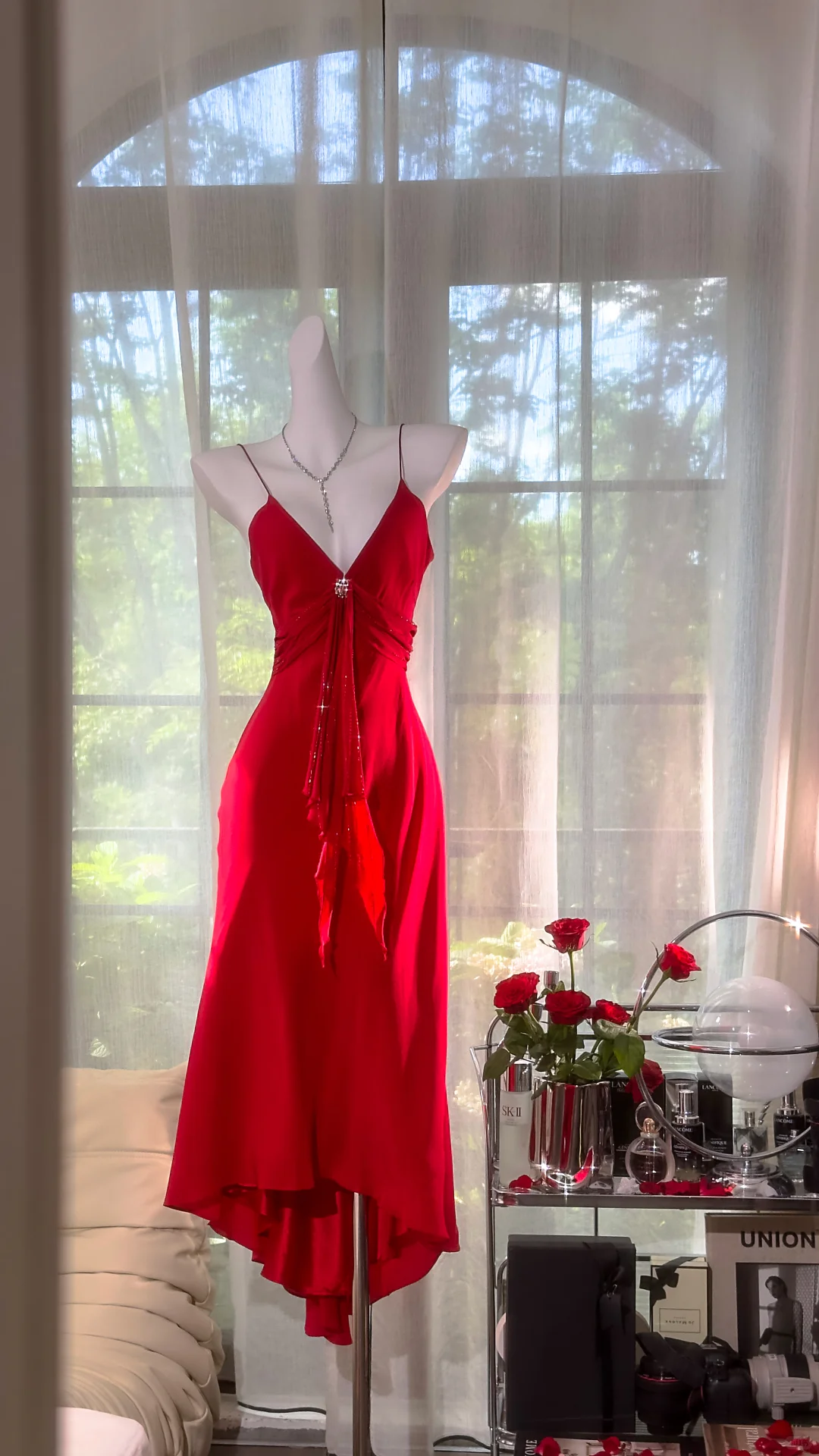 Pretty Red V Neck Chiffon Party Dress Spaghetti Straps Mermaid Birthday Prom Dress