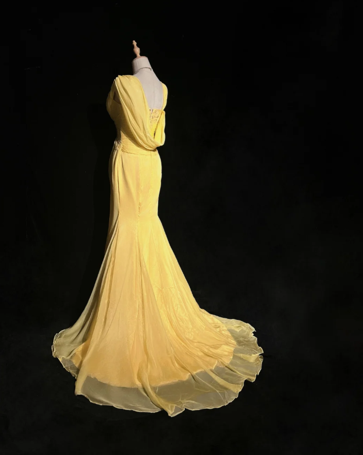 Glamorous Yellow Chiffon Sequin Mermaid Long Party Dress Prom Gown Formal Wedding Guest Dress - View 4 | VelvetHem