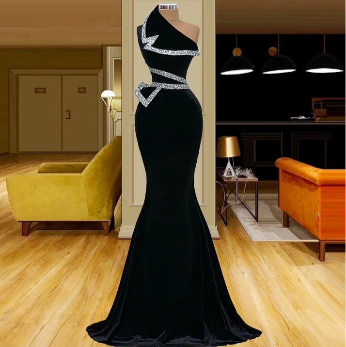 Asymmetrical Black Velvet Mermaid Formal Evening Dress cc82 - VelvetHem