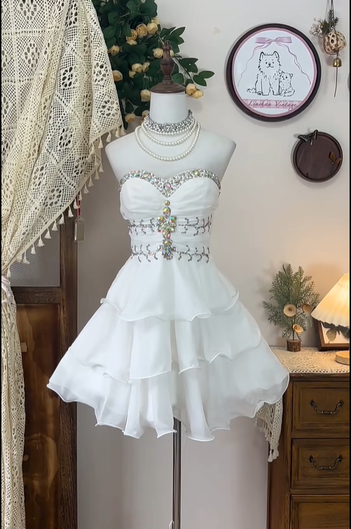 White Strapless Layered Chiffon Beaded Birthday Dress Elegant A Line Homecoming Dress - View 2 | VelvetHem
