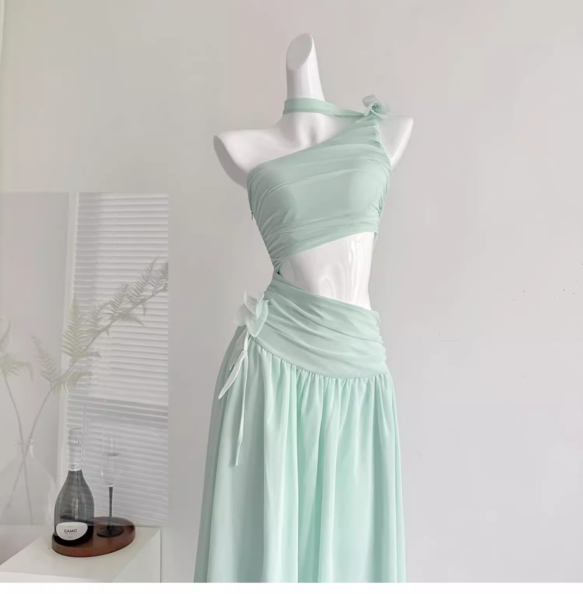 Sexy Mint Green One Shoulder Chiffon Vacation Dress Birthday Dress - View 2 | VelvetHem