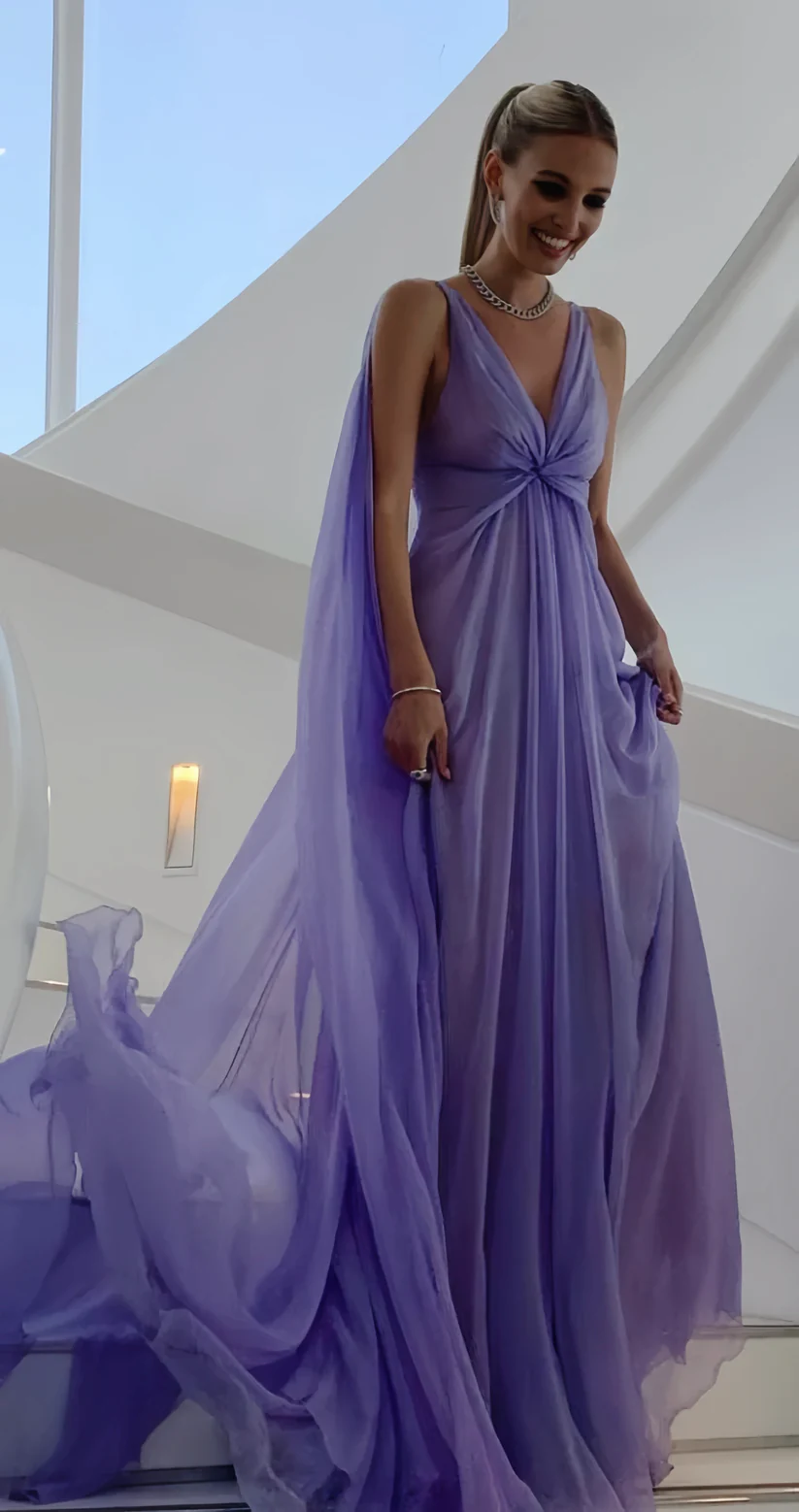 Sexy V Neck Lilac Tulle Prom Dress Long Party Evening Gown - VelvetHem