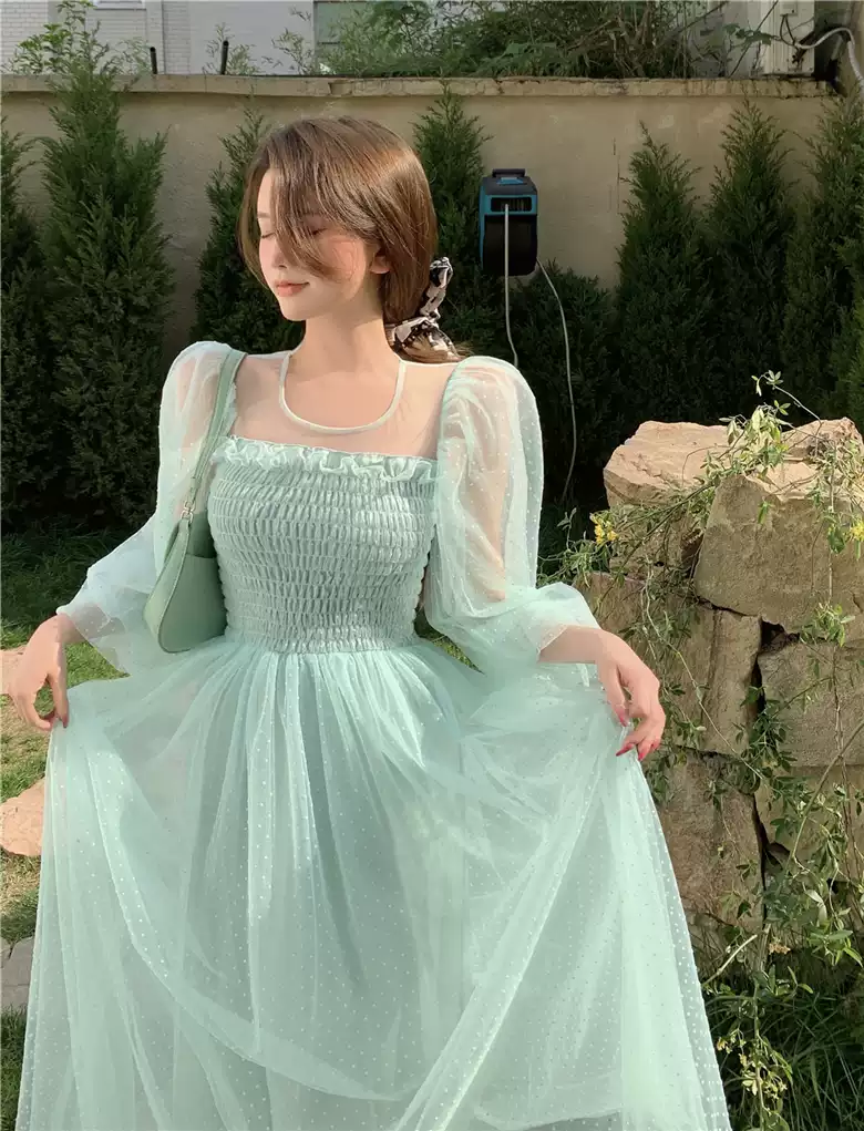 Light green skirt hollow French super fairy puff sleeve polka dot mesh dress sexy party dress - View 7 | VelvetHem