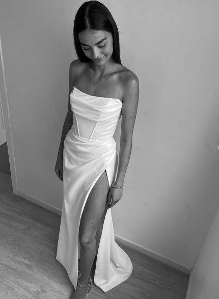 Elegant Strapless Satin Mermaid Slit Evening Dress,White Prom Party Dress - View 2 | VelvetHem