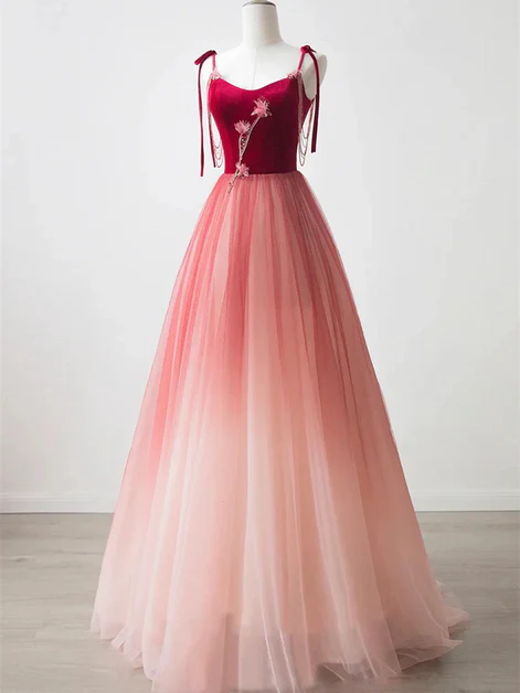 Unique Ombre Red Tulle Applique A Line Evening Dress Formal Prom Dress - VelvetHem