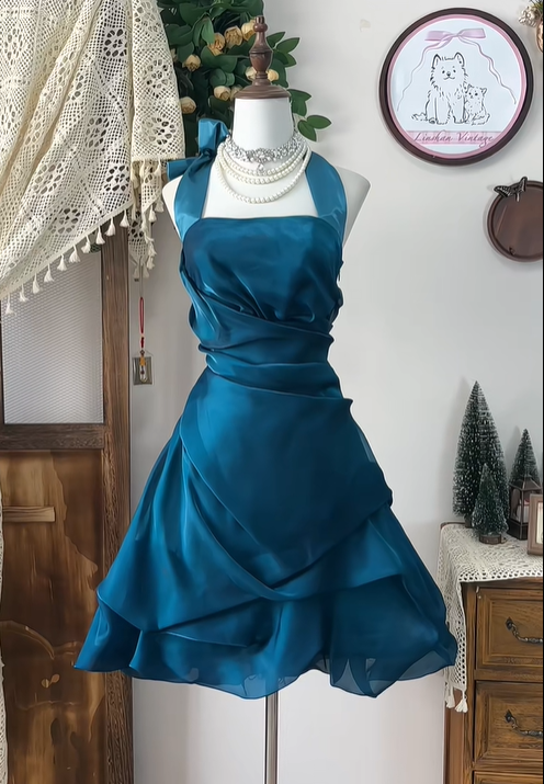 Unique Peacock Blue Halter A Line Homecoming Dress Cocktail Dress