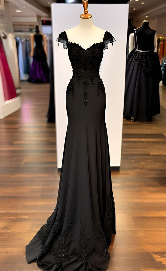Charming Black Mermaid Straps Chiffon Appliques Evening Dress Prom Dress Y7823 - VelvetHem