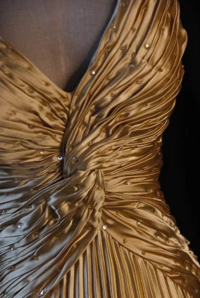 Gorgeous Gold Satin Pleated Party Prom Dress，Formal Evening Gown With Beaded
