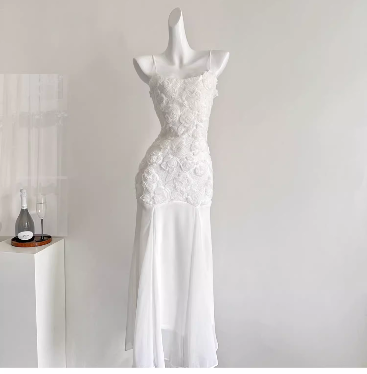 White Suspender Dress French Chiffon Waist Party Dress Mermaid Dress - VelvetHem