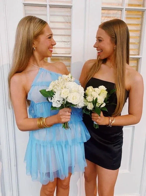 Cute Blue Tulle Short Homecoming Dress Black Dress (ZD12321)