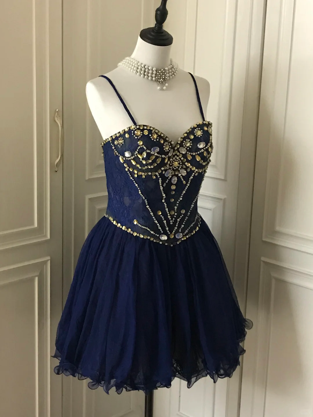 Vintage Navy Blue Lace Beaded A Line Homecoming Dress Short Party Dress - View 3 | VelvetHem